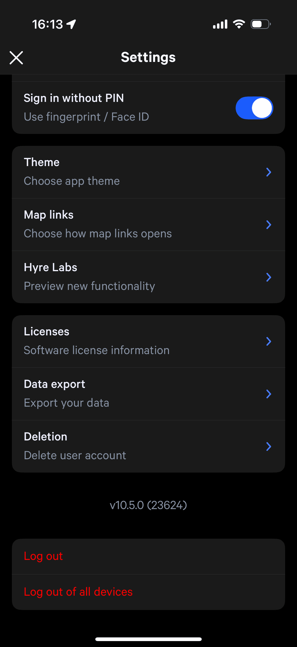 The "Setttings" view, showing a menu where you can click "Deletion" to open the view describing deletion terms, and allowing account deletion.