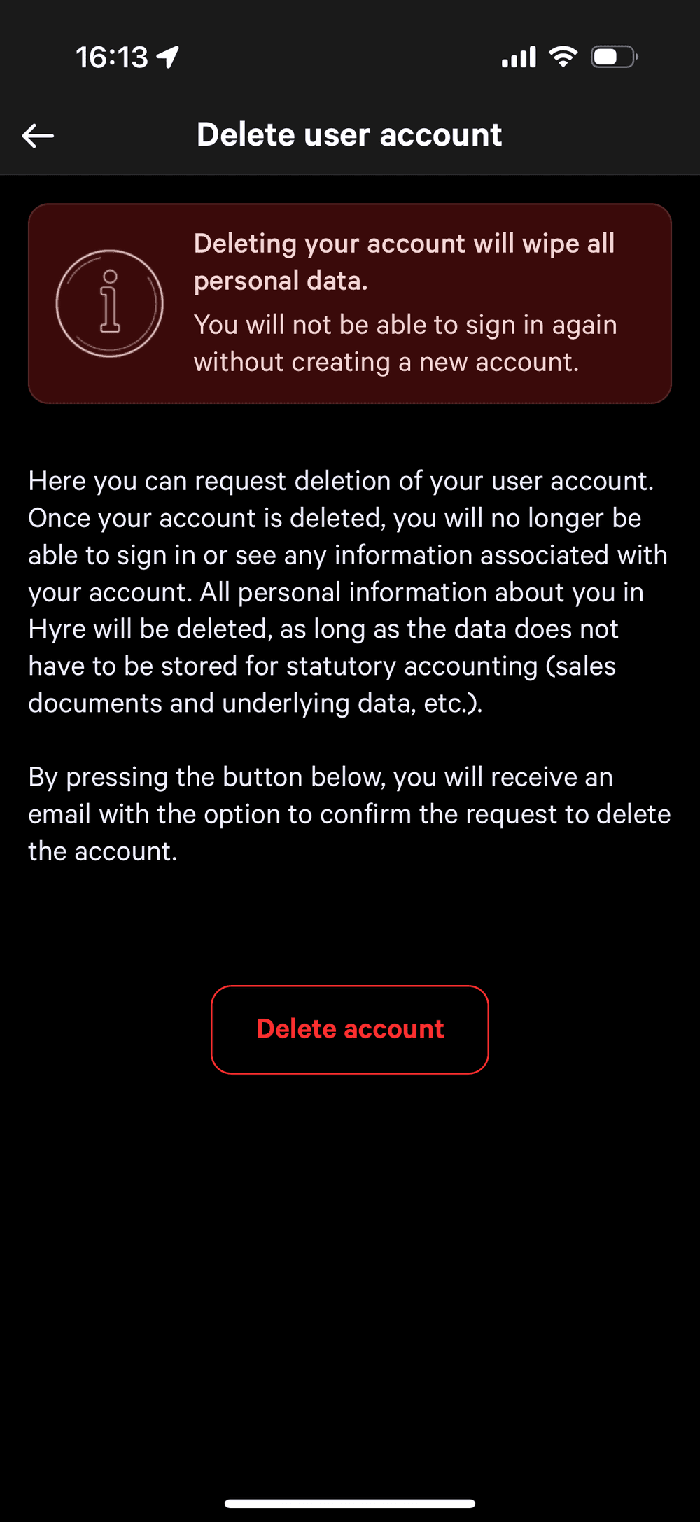 The "Delete user account" view, where you can choose to permanently delete your account